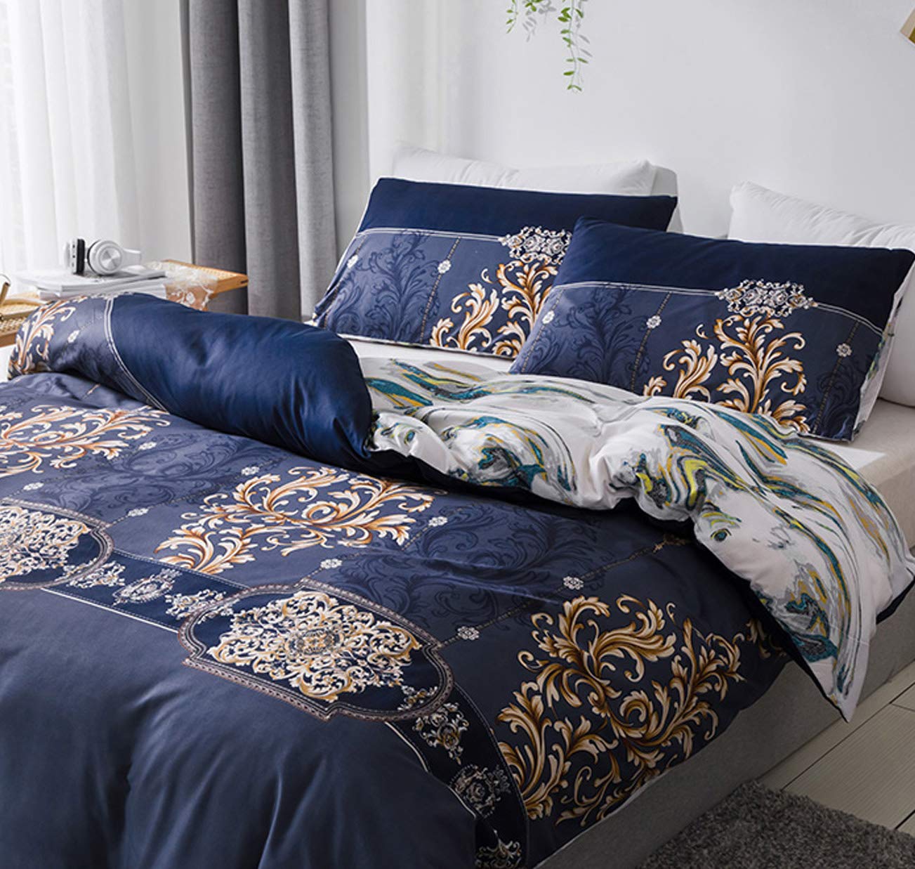 MAS Royal Medallion Pattern Reversible 3 pcs Duvet Quilt Cover Sets with Zipper Closure + 2 Pillowcases - Ultra Soft Hypoallergenic Microfiber Percale Printed Design (Double)