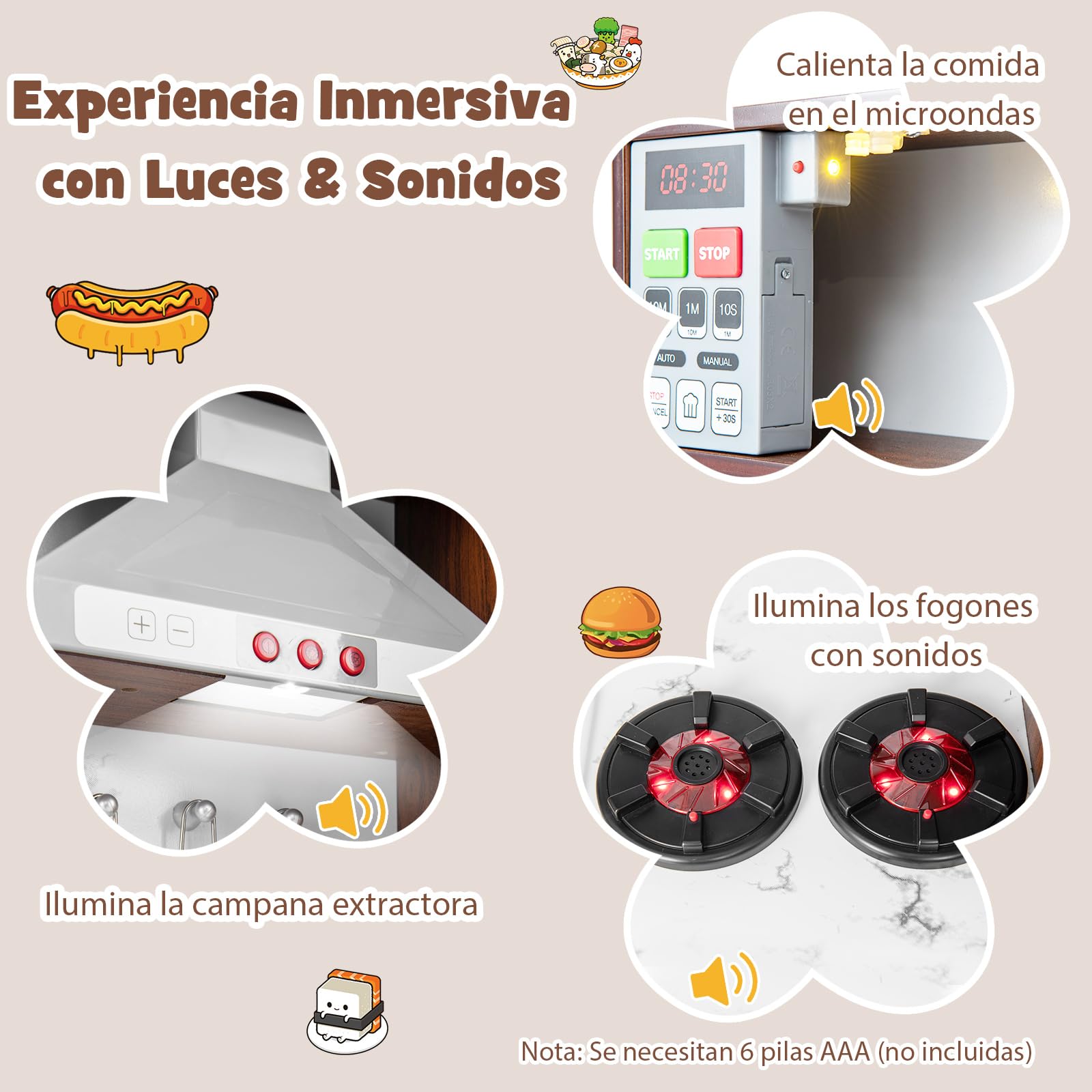 COSTWAY Juego de Cocina Juguete para Niños, Cocinita Infantil de Juguete con Luces y Sonidos Atractivos, Campana Extractora y Microondas, Máquina de Hielo y Pizarra, Fregadero, Toallero