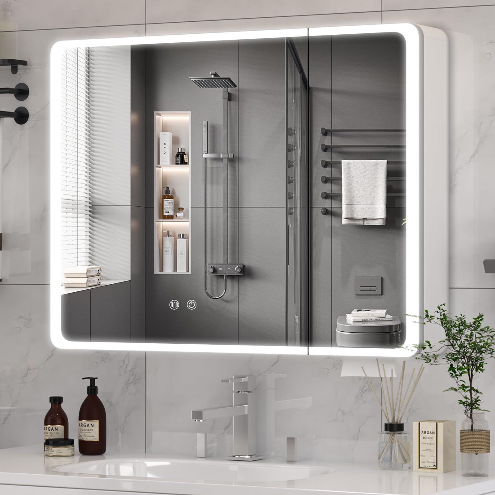 Buildonely Armario con espejo para baño con iluminación LED, armario con espejo para baño con función antivaho, 2 puertas para baño, control táctil, 80 x 70 cm, 3 temperaturas de color