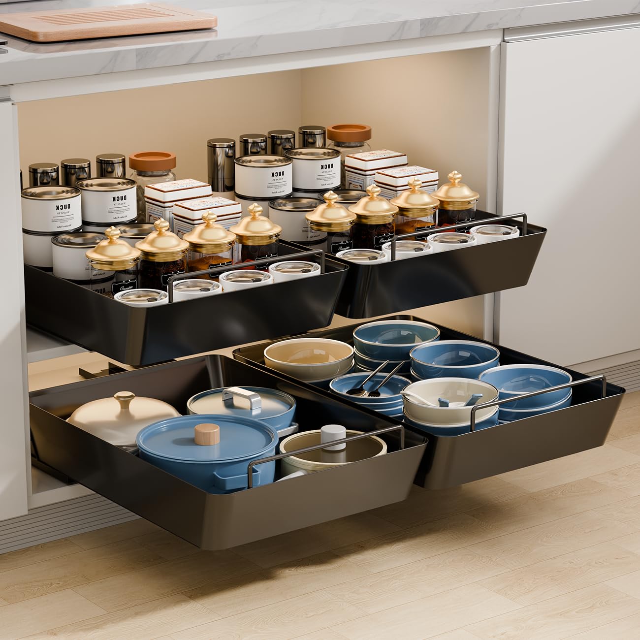 2 Pack Peel and Stick Pull Out Drawers for Cabinets, Adhesive Slide Out Drawers for Kitchen Cabinets Organizer, No Hardware Sliding Shelves Pantry Storage, 11.8”W x 16.5”D x 4.52" H, Black