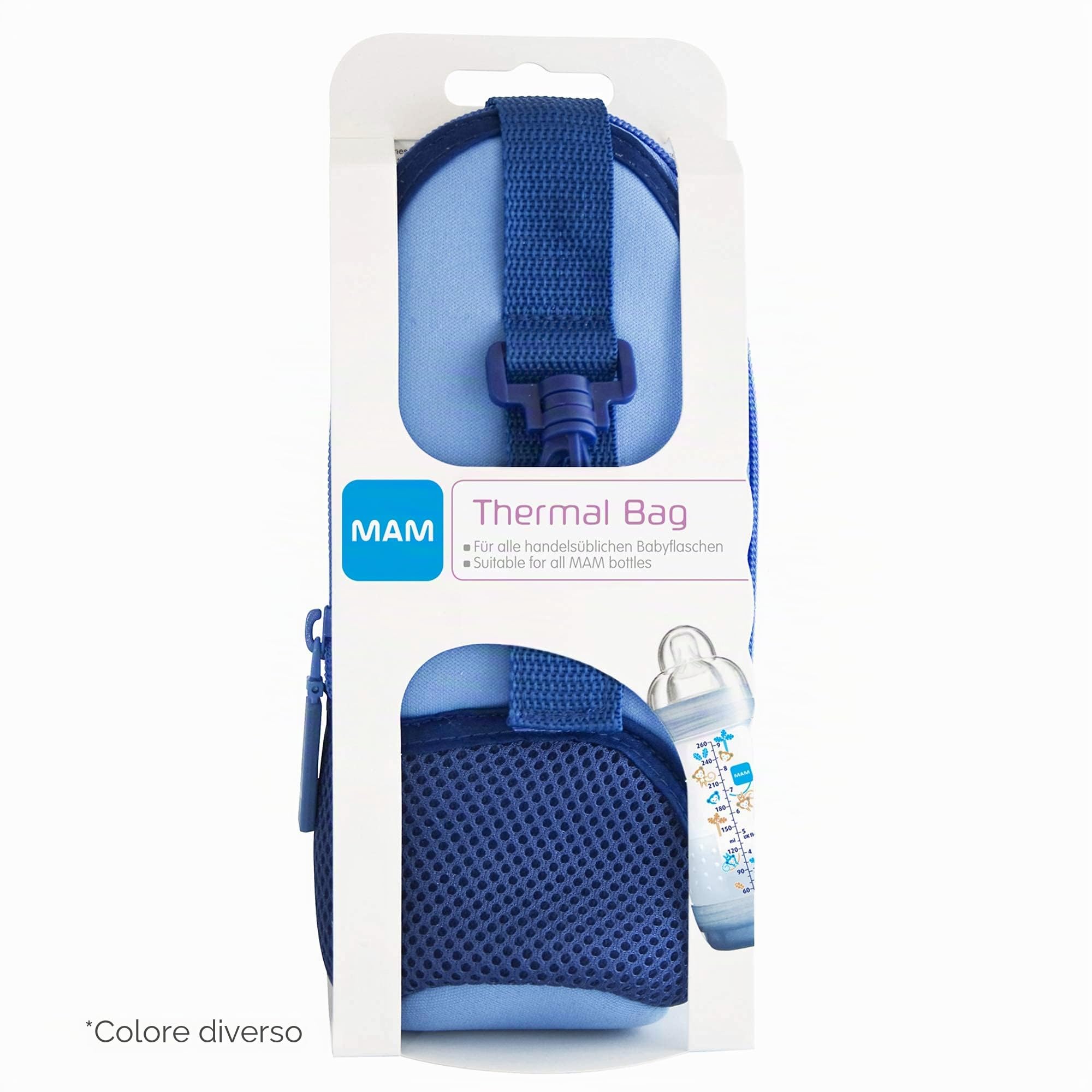Istruzioni in lingua straniera - MAM - Borsa termica con strato isolante, mantiene i liquidi caldi e freddi, borsa termica per molti biberon comuni, blu