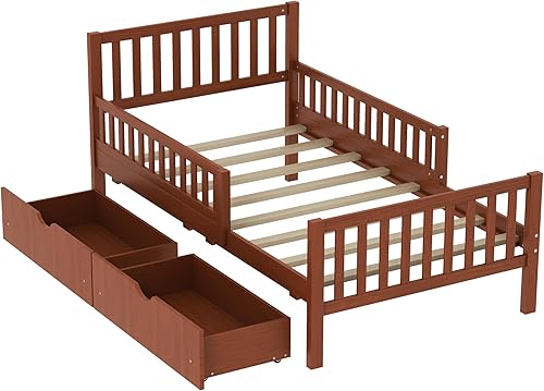 Miniatura 49 de Moderna plataforma de tamaño matrimonial con cabecera de almacenamiento y barandilla de seguridad para niños, plataforma de madera funcional con luz