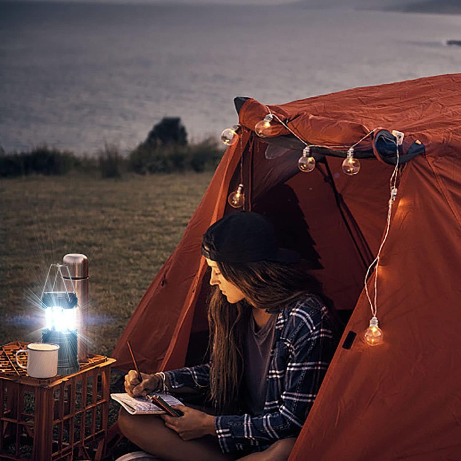 2PCS portátil LED lámpara de camping de luz con gancho plegable, lámpara impermeable a pilas portátil ligero tienda de luces de adecuado para camping, jardín, apagones (Estilo A)