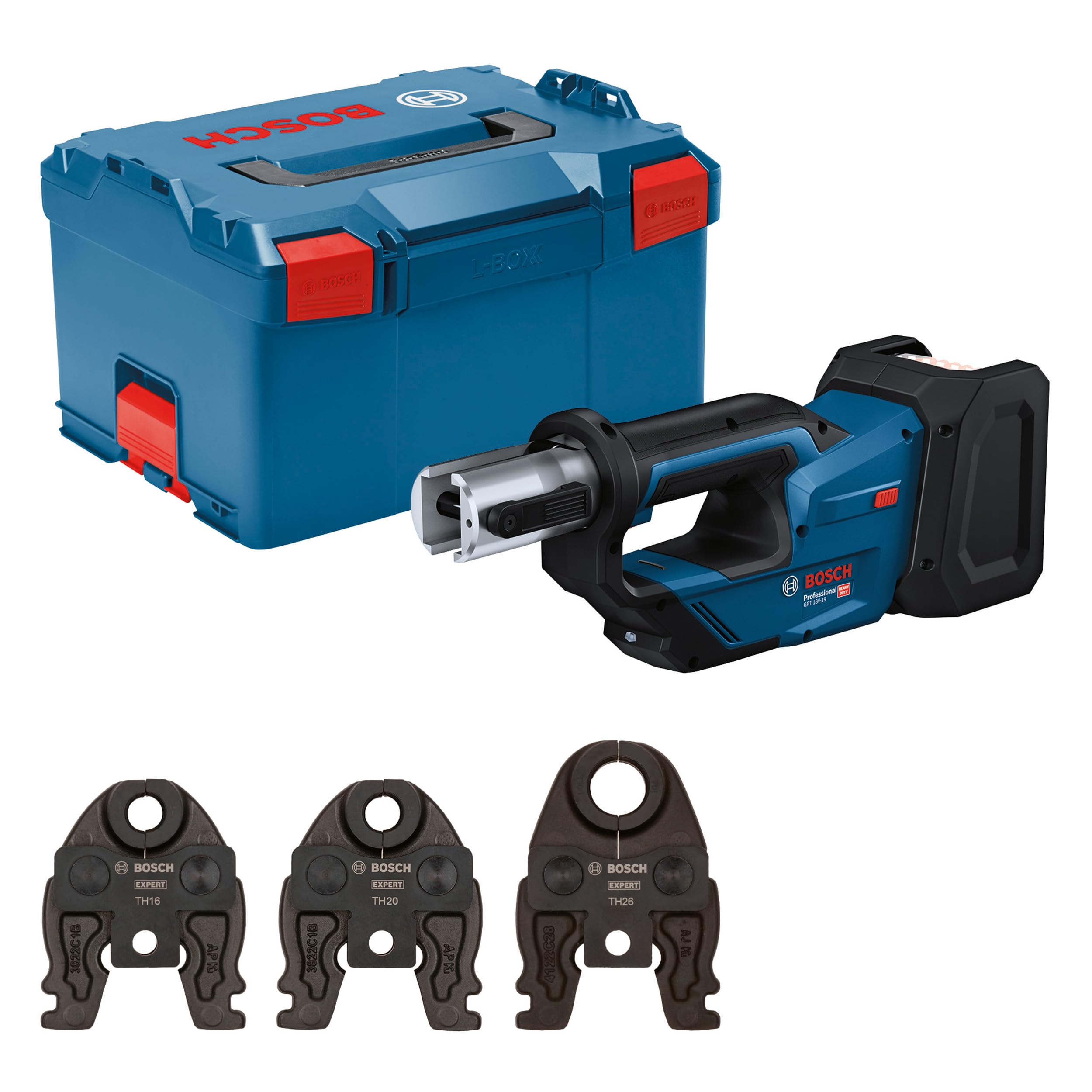 Bosch Professional 18V System sertisseuse sans fil GPT 18V-19 (puissance 19 kN, tête rotative à 360°, avec mâchoires de presse compactes TH16, TH20, TH26, L-BOXX)