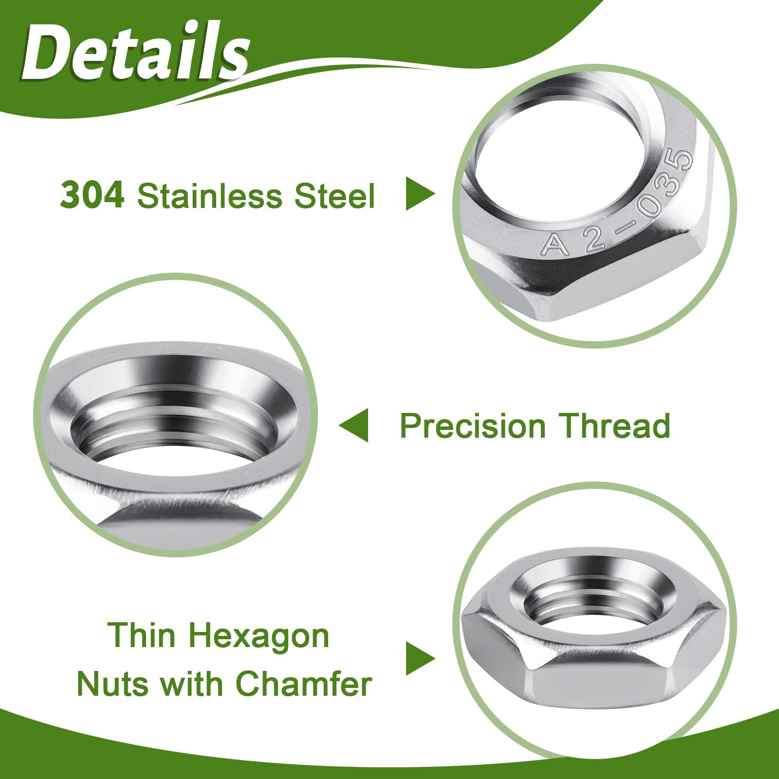 Dadi M4, 50 pezzi, dadi esagonali in acciaio inox (forma bassa), DIN439 A2 V2A, dadi in acciaio inox, dadi piatti esagonali per viti e rondelle e barre filettate