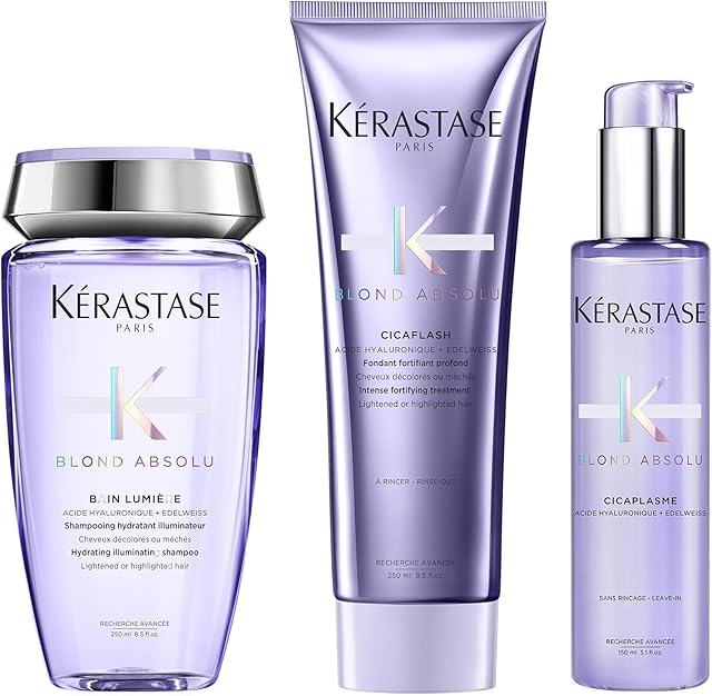 Kérastase Blond Absolu, Routine to Repair Blonde Hair Including Bleached and Highlighted Hair, Contains Illuminating Hydrating Shampoo, Repairing Conditioner And Heat Protectant Serum, Trio Set
