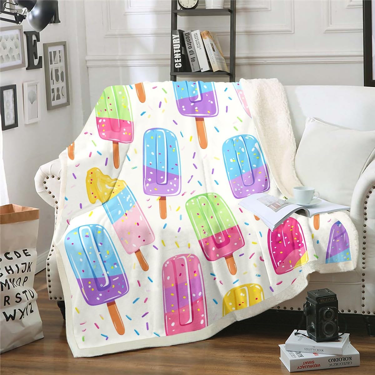 Kawaii Throw Blanket Watercolor Ice Cream Fleece Blanket for Kids Boys Girls,Funny Food Themed Blanket Cute Colorful Rainbow Popsicle Blanket 50"x60",Creative Children Bed Chair Decoration