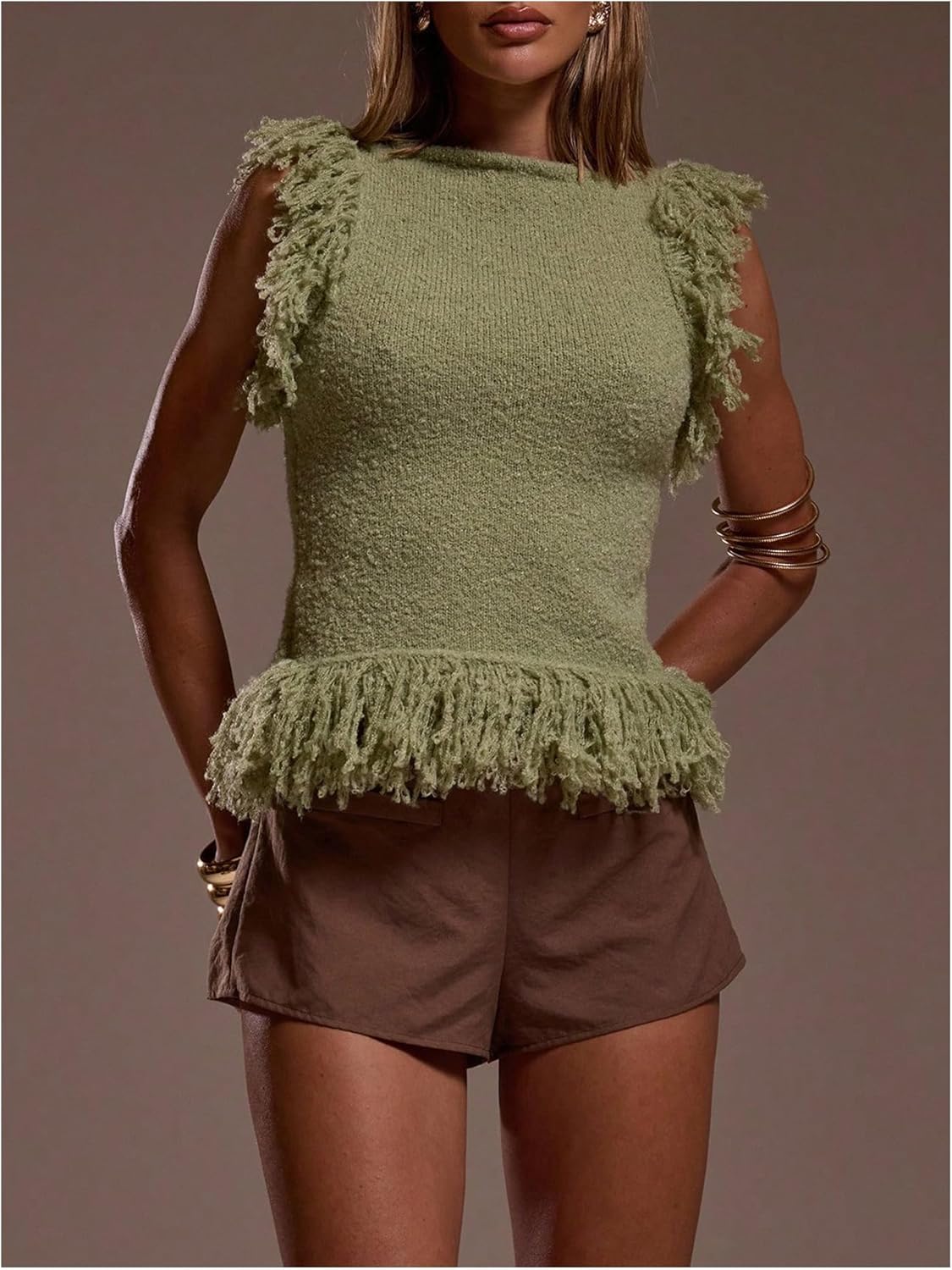 MakeMeChic Women's Sleeveless Sweater Vest Fringe Sleeveless Knit Fitted Pullover Tank Tops - Image 5