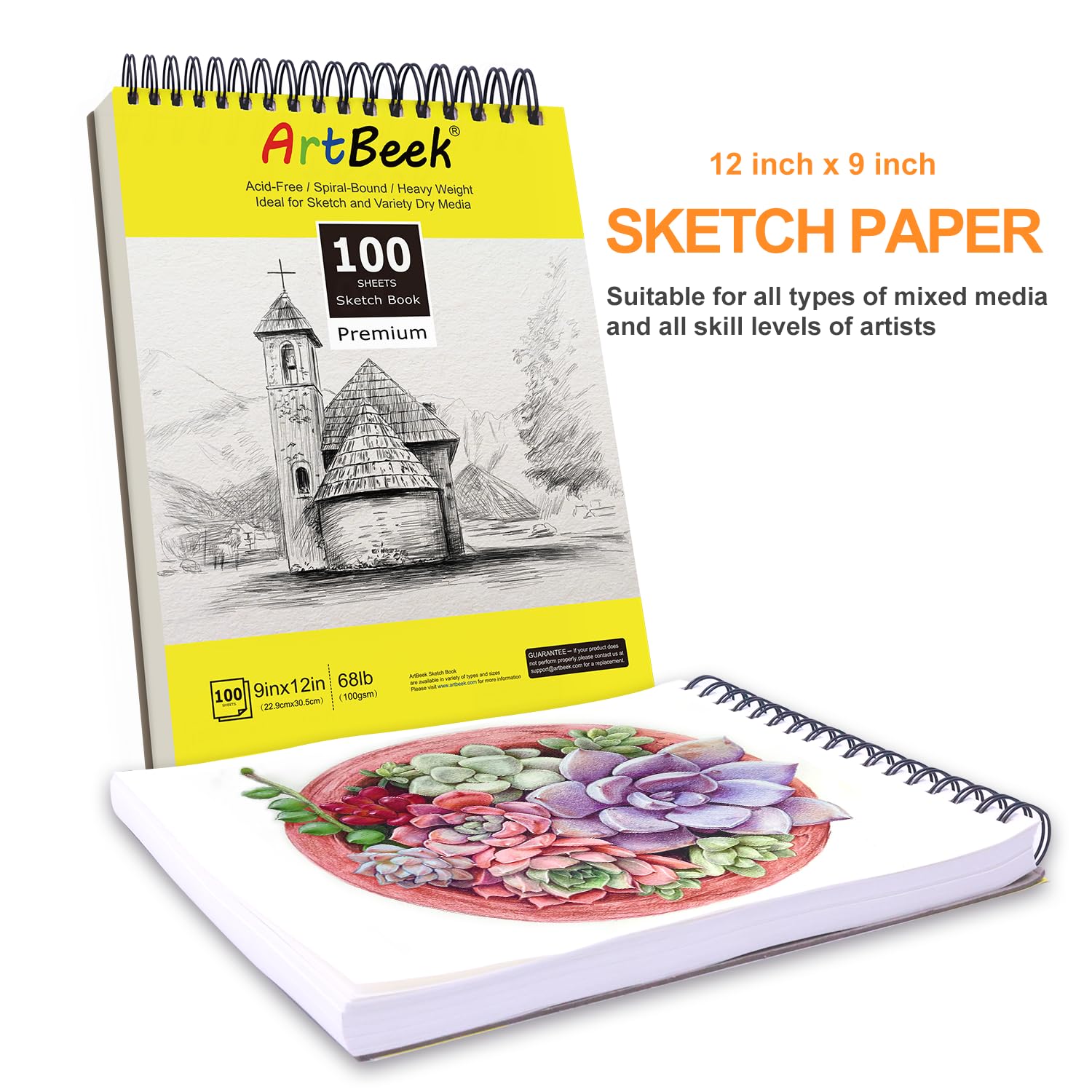 Cuaderno Bocetos 9x12 Pulgadas - 100 Hojas 68lb, Espiral Superior, Sin Ácido