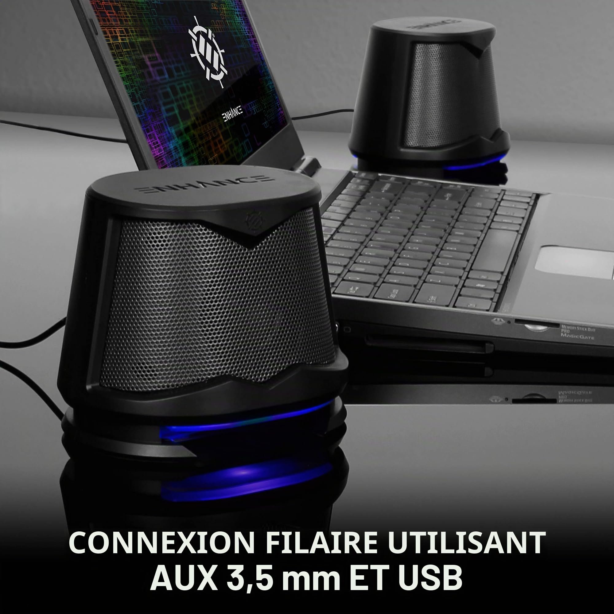 ENHANCE SB2 Haut-parleurs pour PC avec lumières LED Bleues et Design alimenté par USB 2.0 – Son de crête de 10 W, Connexion Filaire de 3,5 mm, contrôle du Volume en Ligne – Compatible avec Ordinateur