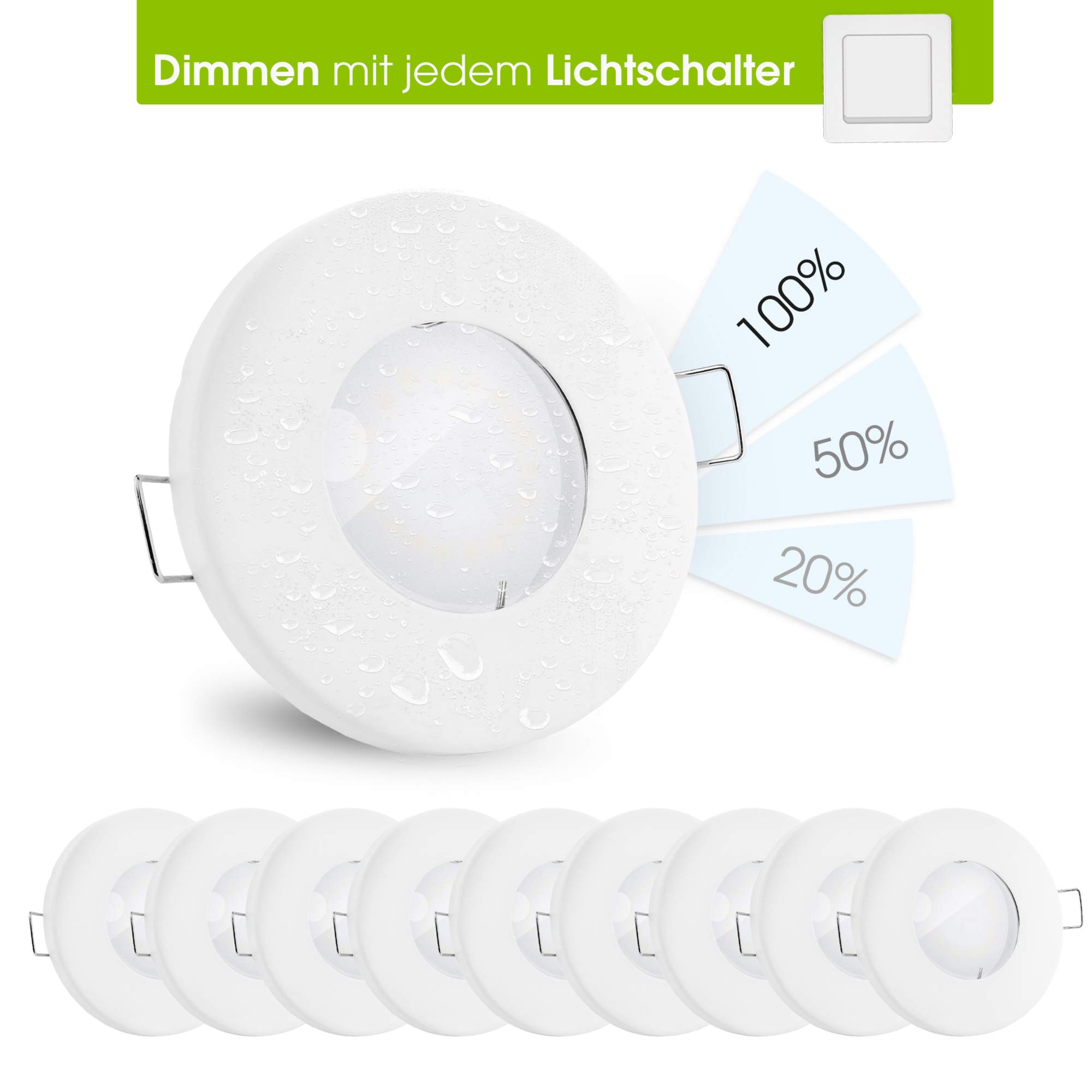 linovum 10 Stück fourSTEP Bad Einbaulampen IP65 flach LED dimmbar ohne Dimmer - LED GU10 5W neutralweiß 230V - Spot matt weiß