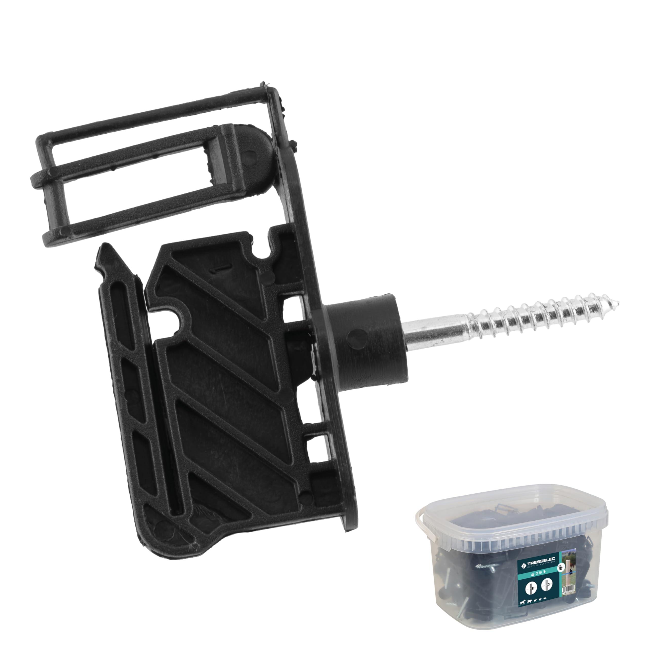 Isolatori a vite per recinzioni elettriche - Confezione da 50 pezzi - Per funi, corde, nastri fino a 40 mm - Da avvitare - Per pali in legno - Chiusura a clip