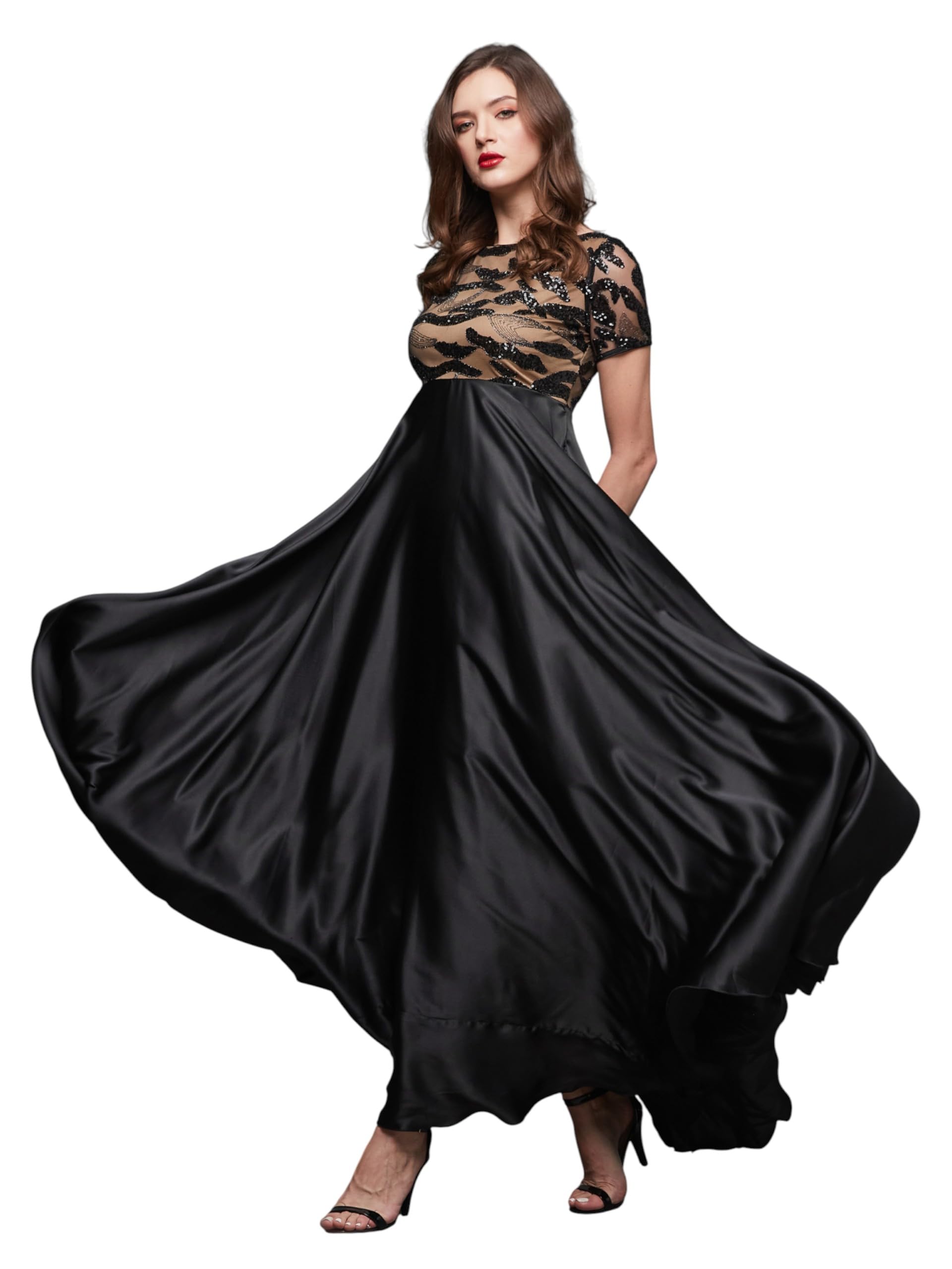 Women's Halter-Neck Cap-Sleeve Pleated Embellished Georgette Maxi Dress-image-6