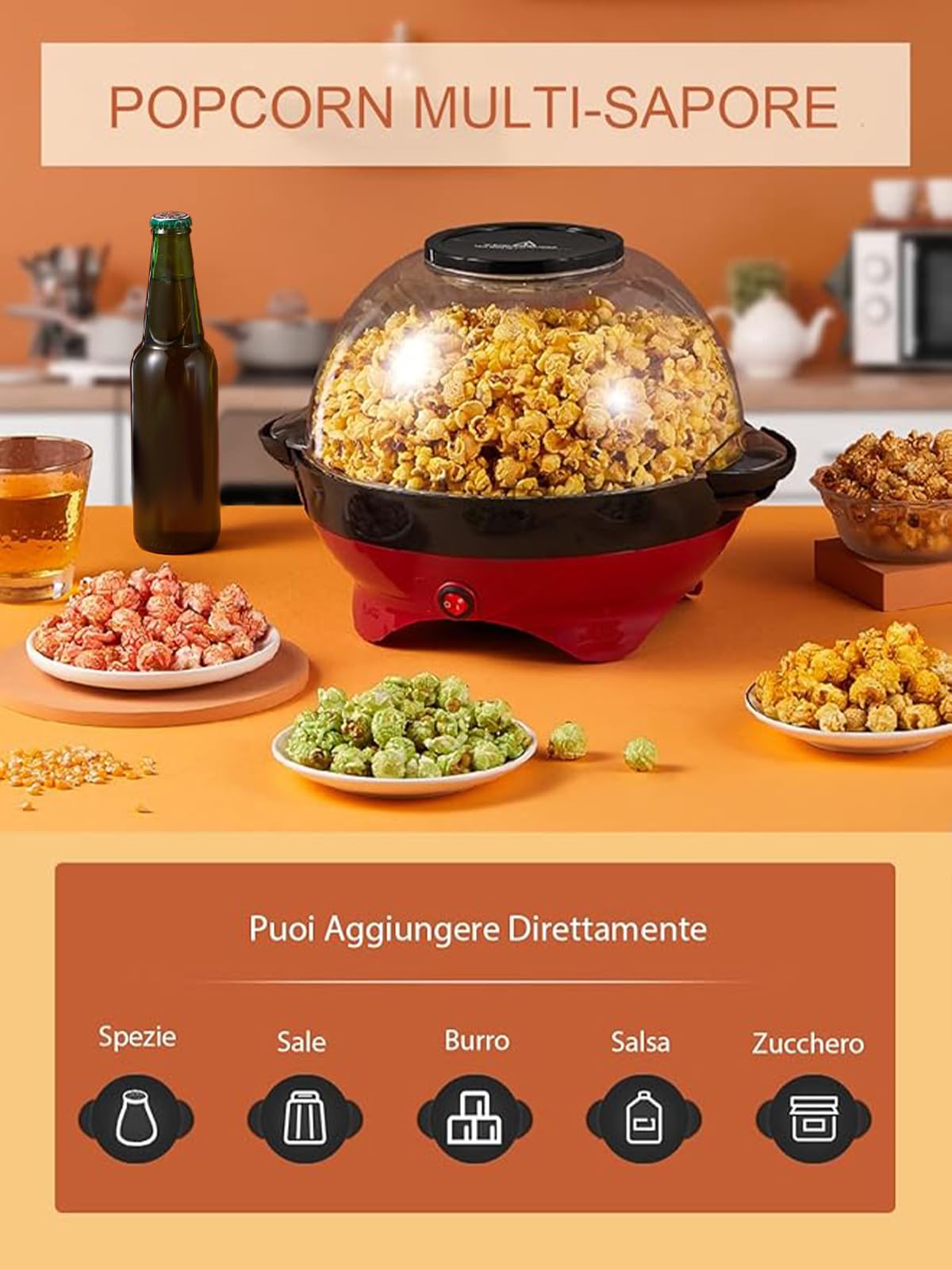 HOUSNAT Macchina Popcorn, 5.5L / 180g, Macchina per Popcorn Aggiornata 800W per la Casa, Olio Caldo con Rivestimento Antiaderente e Superficie Riscaldante Rimovibile, Silenziosa e Veloce, Due Misurini