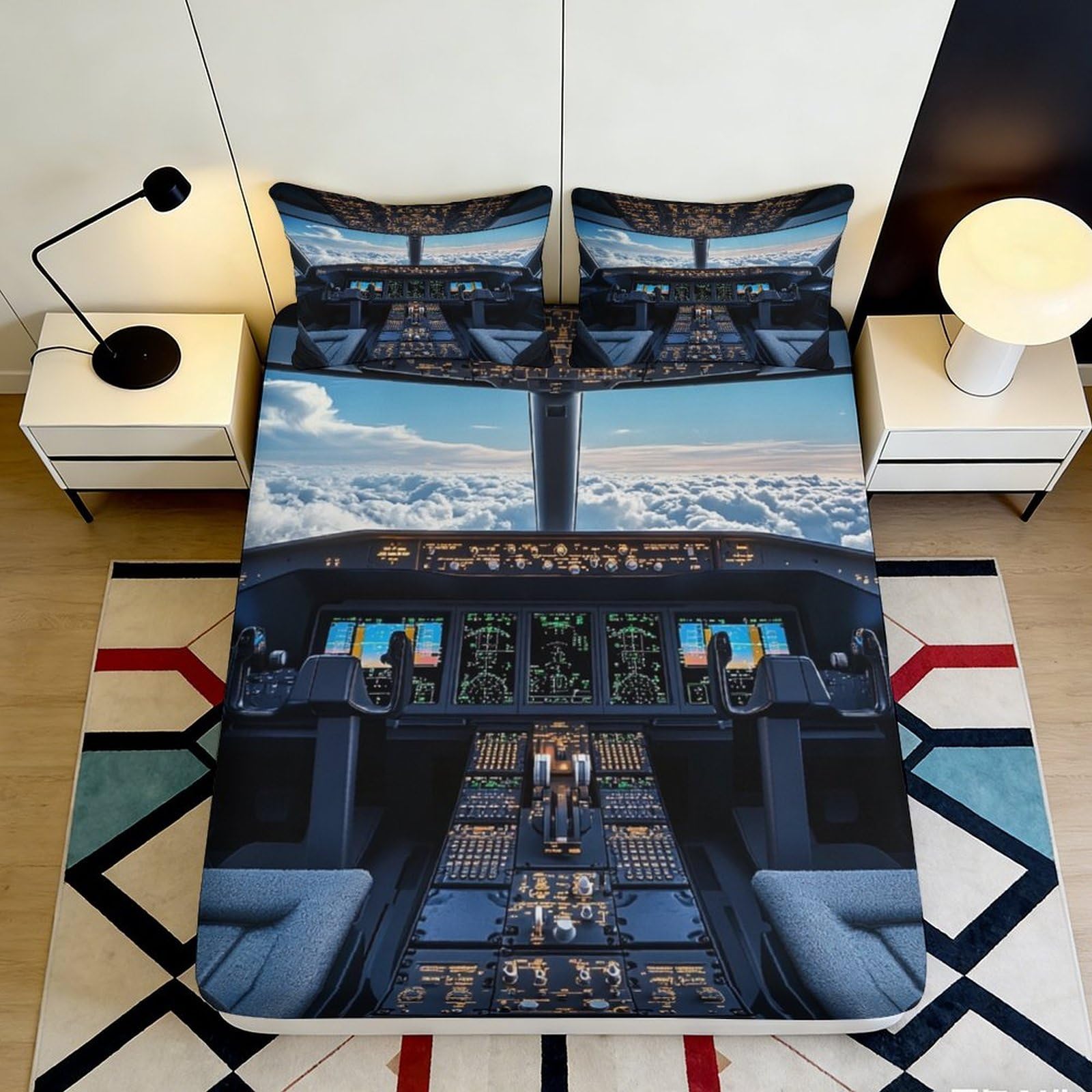 3D Printed Cockpit View Fitted Sheet Microfiber Soft Breathable Airplane Control Mattress Cover for Bedroom Decor 90x200x25cm