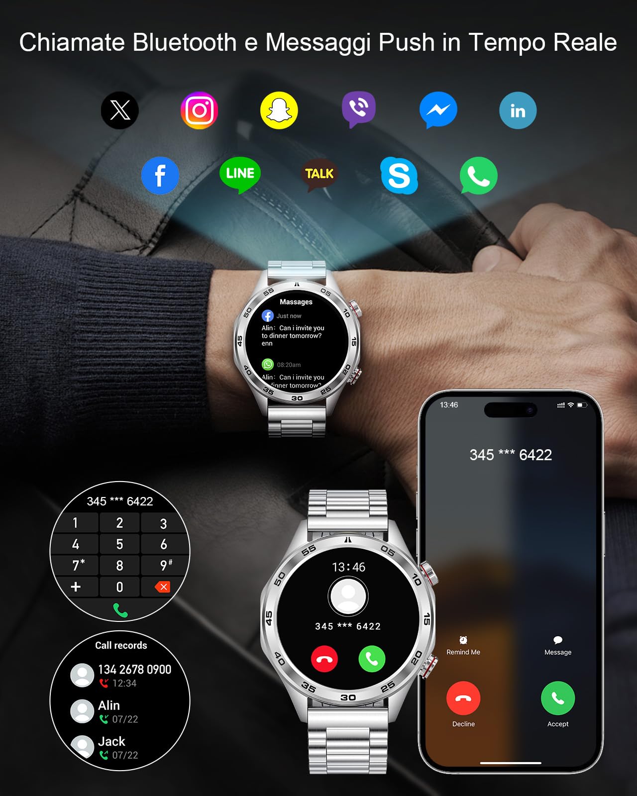 MEGALITH Smartwatch Uomo Orologio Chiamate: Whatsapp Bluetooth Smart Watch Android iOS - Pressione Sanguigna Frequenza Cardiaca Misura - Fitness Sport Tracker Contapassi Argento