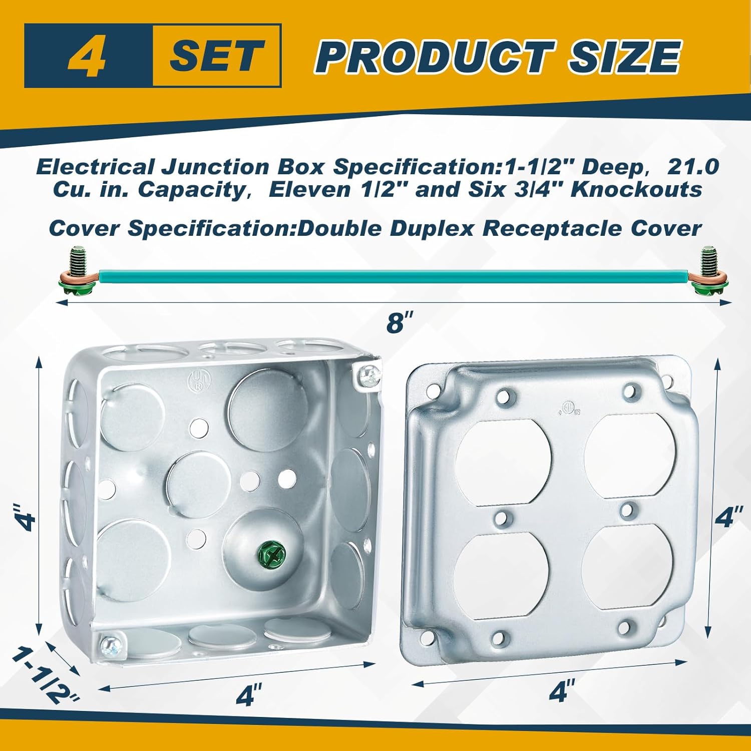 Copkim 4 Set 4" Metal Electrical Box Outlet Box with Exposed Work Cover Grounding Wire and Screw Receptacle Galvanized Steel Metal Junction Boxes (2 Duplex)