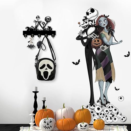 Miniatura 6 de Soporte para llaves de pared, gancho para llaves Jack Decor con 5 ganchos, decoración de esqueleto de Halloween, arte de pared de calavera,