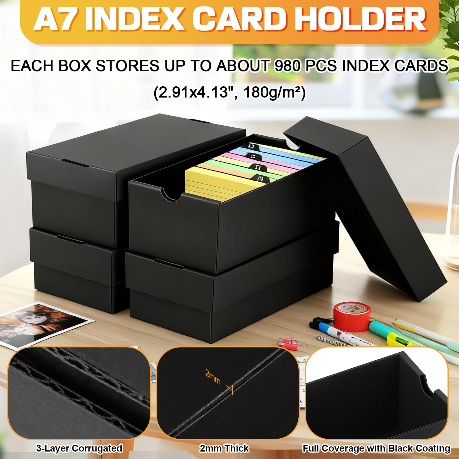 4 Pz Scatola per flashcards A7, per 74×105mm flash cards, Capacità 980 Schede, Indice Card Box Nera per Apprendimento Note, Ricette, Organizzazione e Revisione a Casa Scuola Ufficio