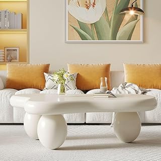 Irregular Coffee Table Cloud Coffee Table with 3 Ball Legs Oval Table Modern Coffee Table for Living Room for Living Room, White, 120 * 90 * 38.8cm