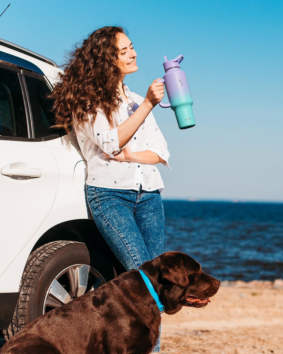 BUZIO Insulated Water Bottle Cup Holder Friendly, 40 oz Metal Travel Tumbler with Handle, Dishwasher Safe Thermo with Straw, Keep Cold for 48hrs, Dark Purple Green - Image 7