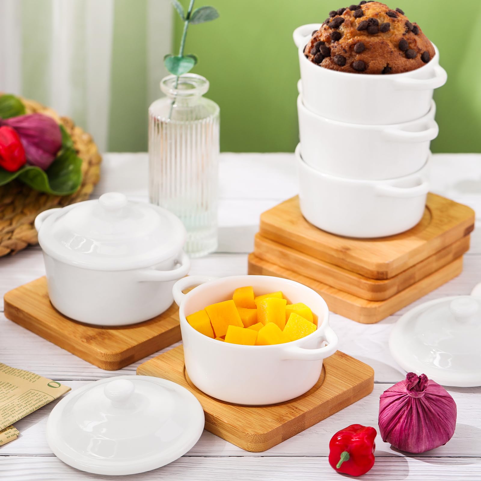 Mimorou Juego de 6 mini cocotte de cerámica de 7 onzas con tapa y base de madera, juego de cuencos de calabaza con asa, cuencos de sopa de cerámica para hornear, cazuela redonda para el hogar, plato