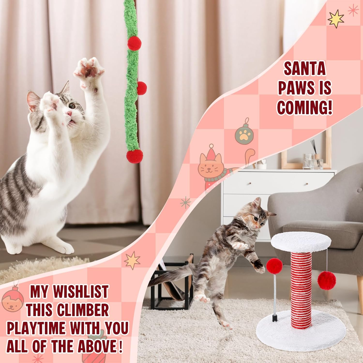 28 Pack Christmas Cat Toys Set Kitten Scratching Post Interactive Cats Spring Ball Toy Santa Hat Scarf Mouse Xmas Stocking Bag Gift for Cat Lovers Indoor Kittens Photo Props