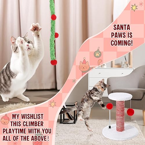 Miniatura 3 de Paquete de 28 juguetes de Navidad para gatos, poste rascador interactivo para gatos, juguete de bola de primavera, sombrero de Papá Noel, bufanda,