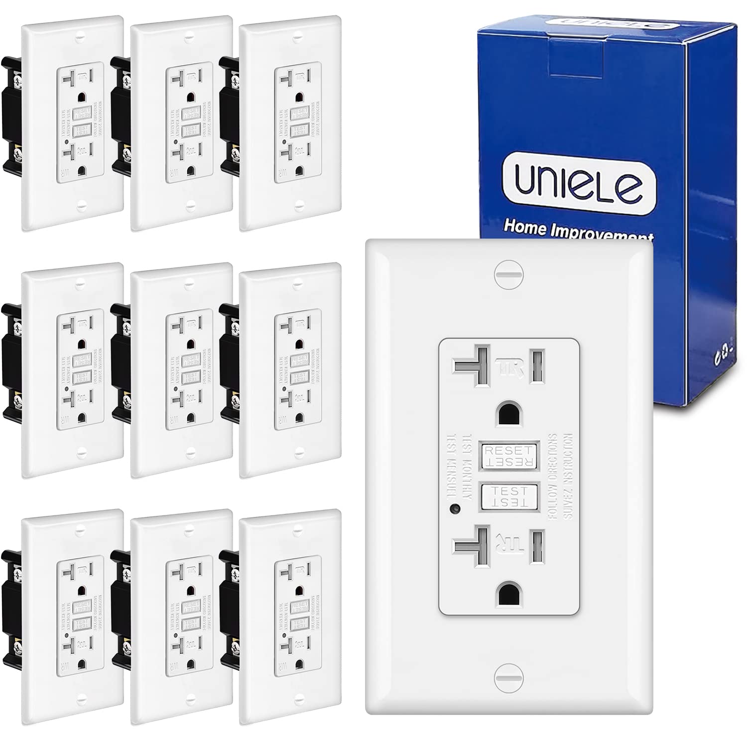 (10 Pack) UNIELE 20 Amp Slim Non-Tamper Resistant GFCI Outlet, GFI Receptacle with LED Indicator, 20A/125V, Wallplate Included, ETL Certified