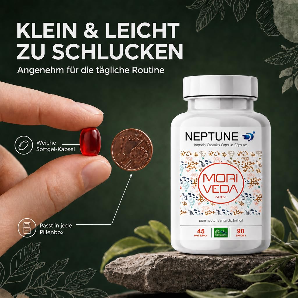 MoriVeda Neptune Capsules d'huile de krill, oméga 3-6-9 EPA DHA antioxydants, vitamine E, choline, phospholipides, haute biodisponibilité, 90 pièces