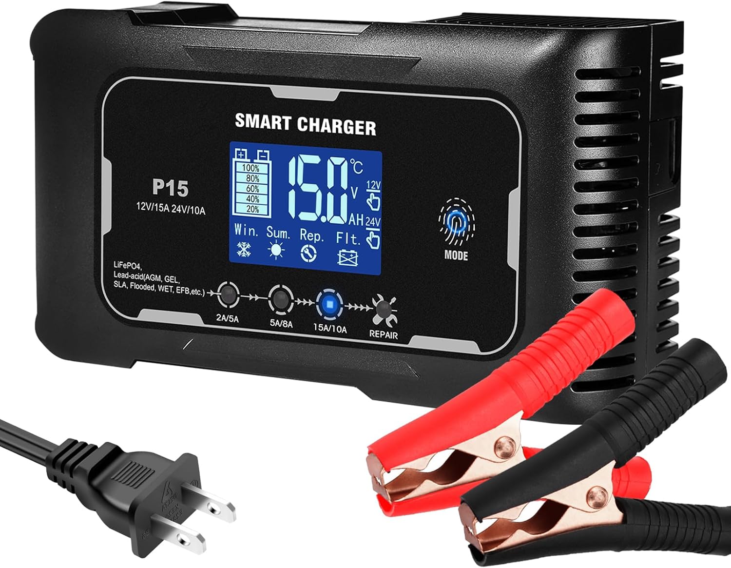 20Amp: 12/24V Smart Car Battery Charger – Automatic Maintainer, Trickle Charger & Desulfator with Overcharge Protection & Temperature Compensation – for Lead-Acid & Lithium & LiFePO4 Batteries