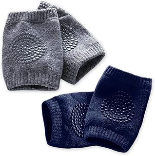 Kalevel Baby Crawling Anti-Slip Knee Pads Cotton Knee Sleeve Protector Newborn Crawling Knee Pads Baby Boy Girl Knee Protector Infant Toddler Knee and Elbow Pads (2 Pairs, Navy Blue + Dark Grey)