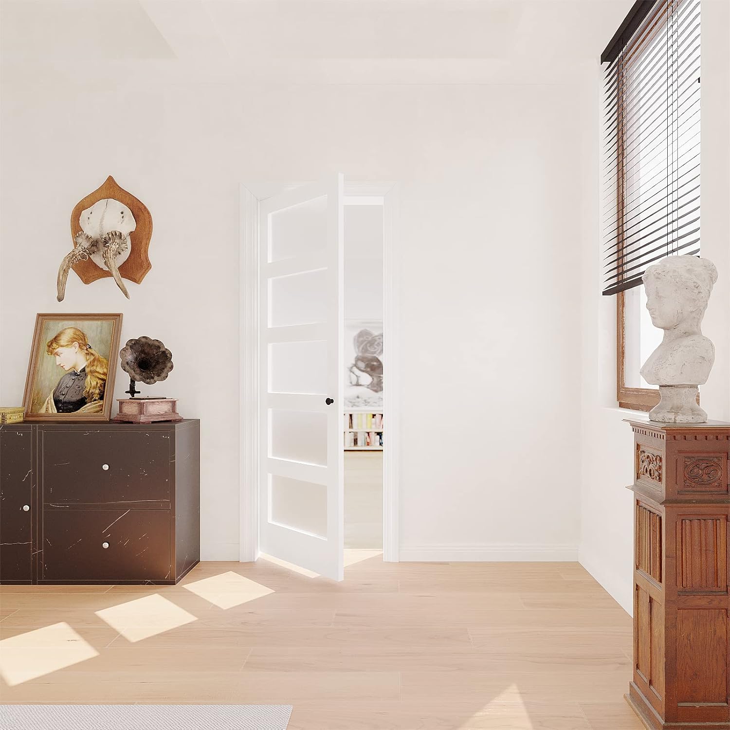 32" x 80" French Interior Door, 5 Lite Tempered Frosted Glass Panel for Pantry & Bedroom, Single Pre-drilled Holes Slab Door, White Primed, Assembly Required (Hinges Not Included)