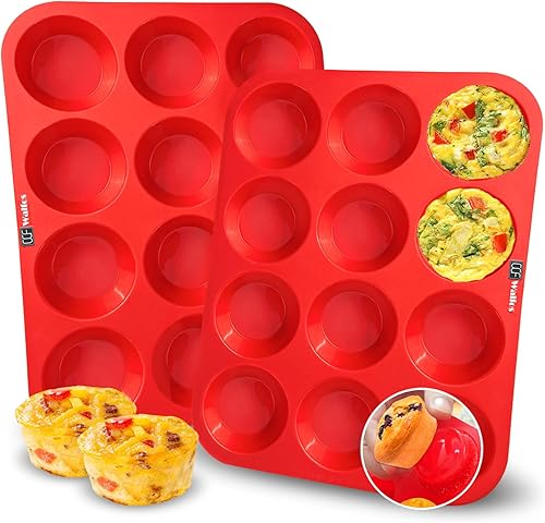 Walfos Juego de moldes de silicona para magdalenas, 2 piezas, 12 tazas de silicona regular, antiadherente y sin BPA