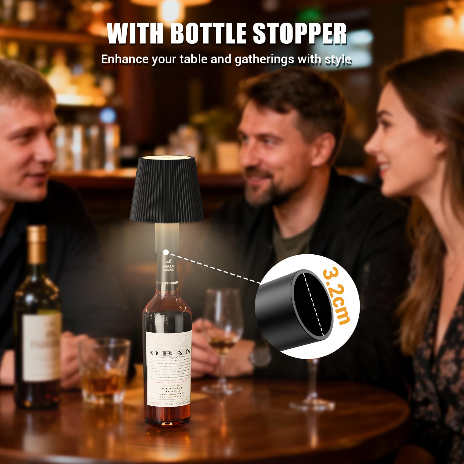 Lampara de Mesa LED Inalámbrica Lámpara de Mesa bateria Recargable con Tapón de Vino y USB-C, Lamparas Mesita Regulable para Restaurante, Dormitorio, Camping, Salon, Negro