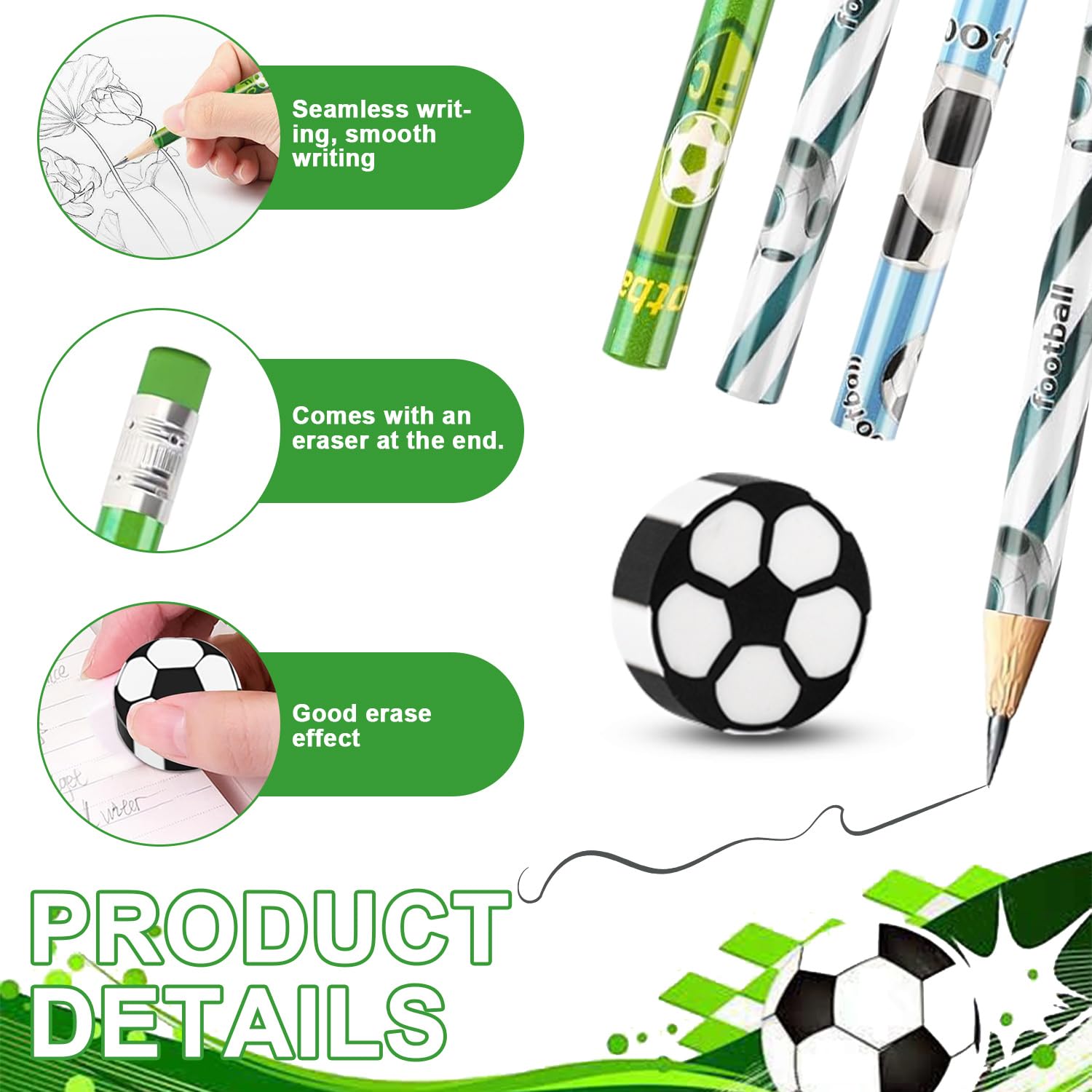 48 Pezzi Festa Tema Calcio 24 Matite da Calcio e 24 Gomme Calcio, Perfetti Come Regali per i Bambini per Compleanni a Tema Calcio o per Feste, Set di Cancelleria a Tema Calcio - 3