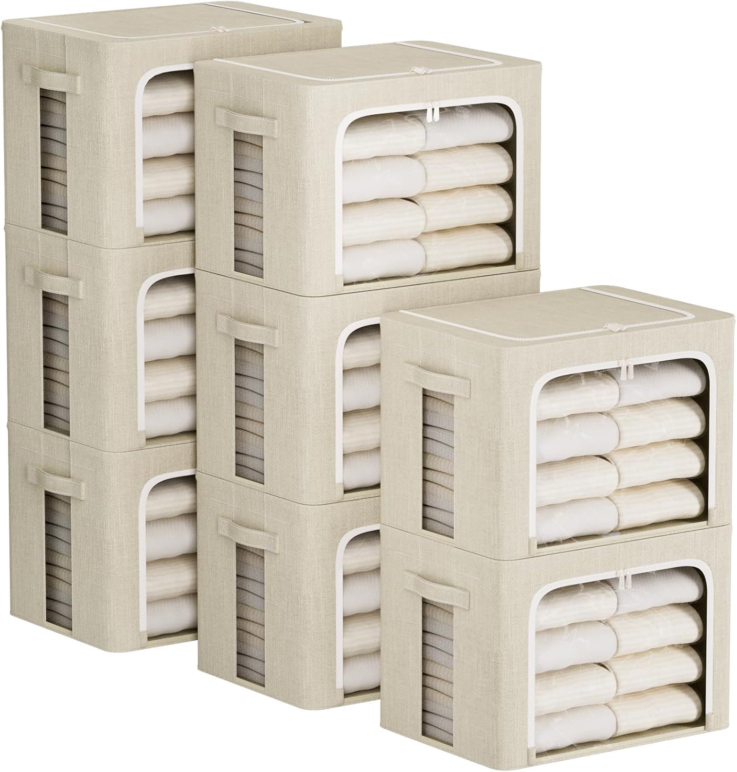 FHSQX 8 Pack Clothes Storage Bins - Foldable Storage Bins for Clothes Fabric Storage Box with Metal Frame (Beige, 16.5x12.2x12.2 inch)