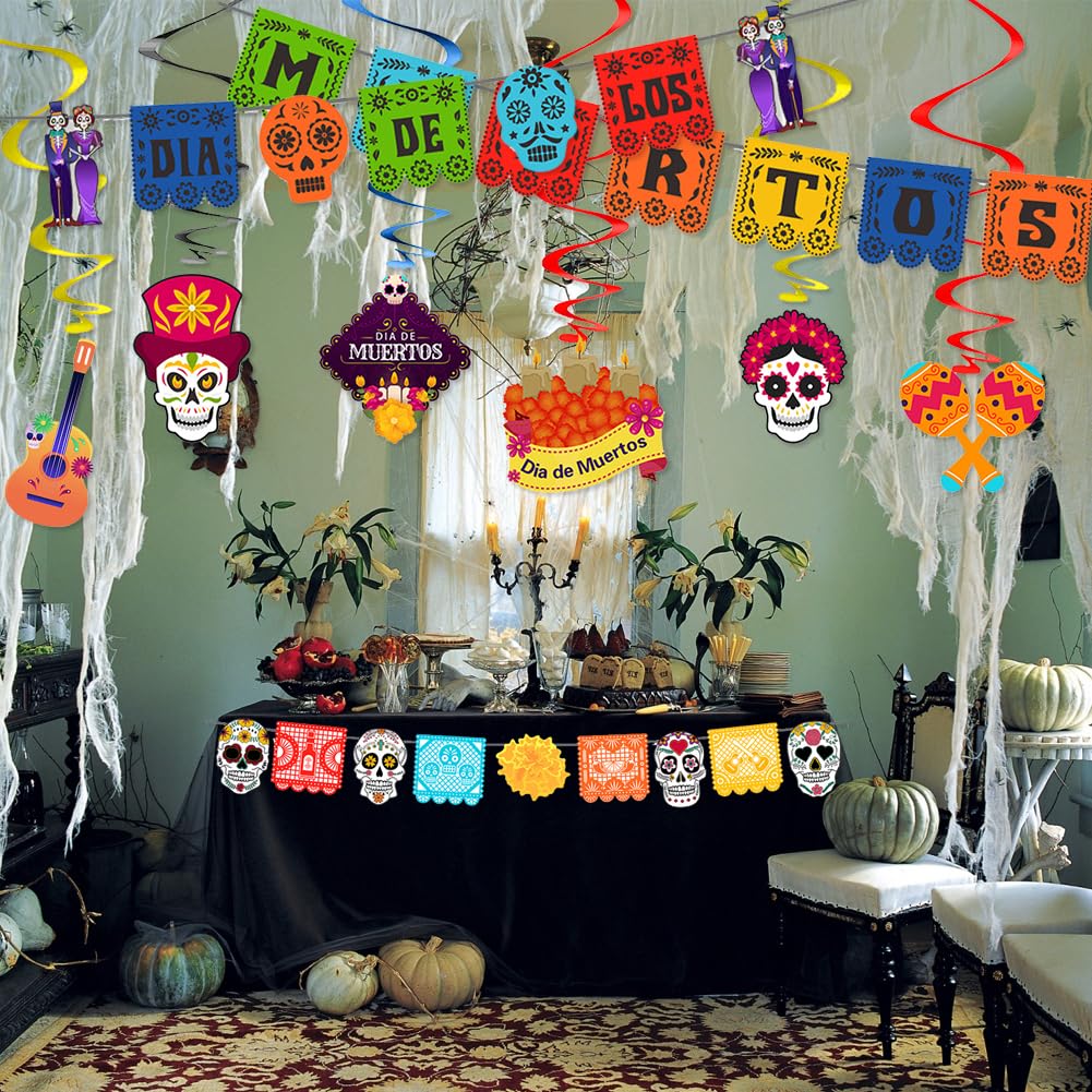Décorations Fête Mexicaine - Lot De 3 Bannières Et 6 Tourbillons En Carton Pour Dia De Los Muertos, Cinco De Mayo - 2