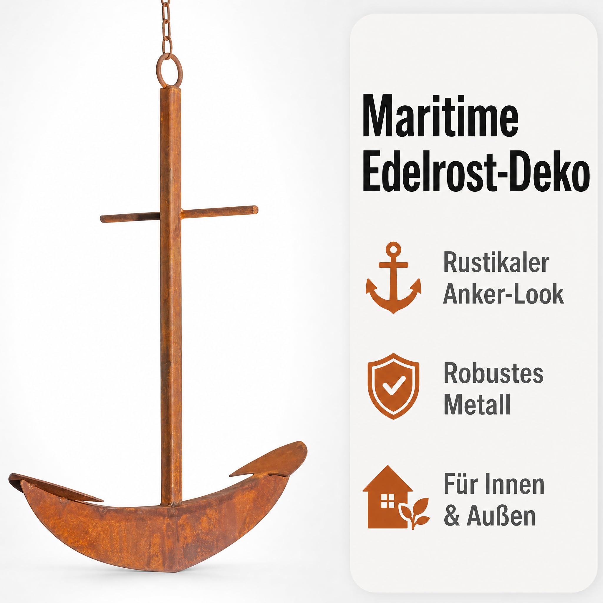 Maritime Deko Anker aus Metall mit Kette, Wanddeko Metall für Innen & Außen, Edelrost-Optik, Rustikales Gartendeko-Highlight zum Aufhängen, 63 x 51 cm, ca. 2 kg