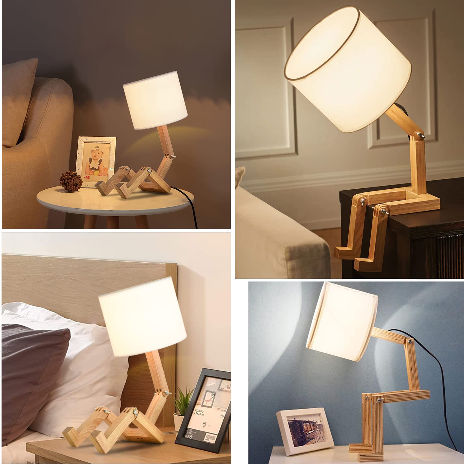 220V Creative Robot Joint Lampada da tavolo, White Wax Wood Giunti Flessibili Luce da scrivania, Eye-Caring Lampada da lettura con supporto libro, E27 Base Bedside Light per camera da letto