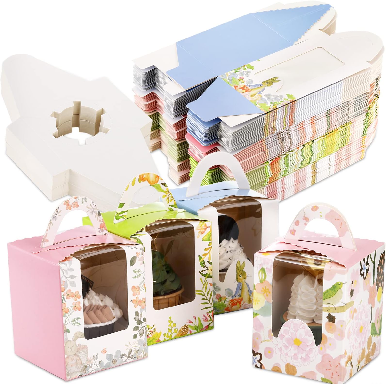 50 Pieces Single Cupcake Boxes, Cake Boxes with Window, Cupcake Carrier