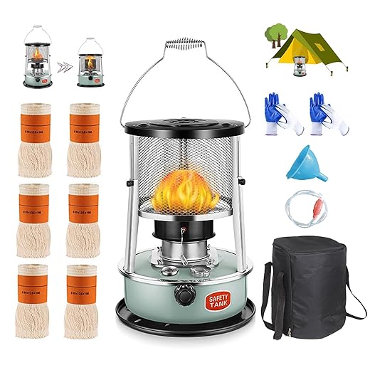 Efficient Kerosene Heaters, Stainless Steel Indoor Heater Non Electric, Kerosene Stove Camping with Portable Handle, with 6 Wicks 2 Pairs of Gloves, for Boiling Water Heating Cooking, Green