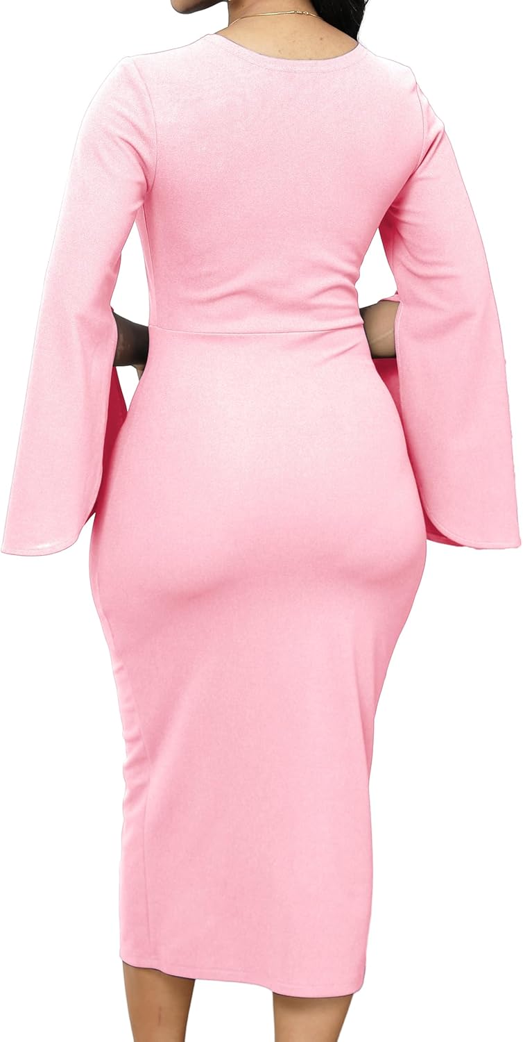 Women Church Dresses Bodycon Work Dress Bell Long Sleeve Round Neck Business Pencil Dresses - Image 2