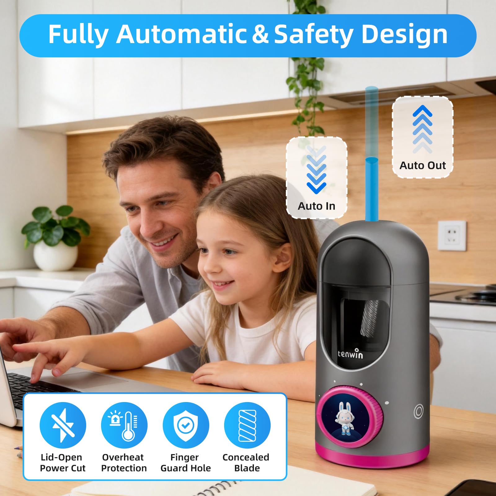 tenwin Vollautomatischer elektrischer Bleistiftspitzer, schnelles Spitzen von 7–12 mm Bleistiften und Buntstiften, wiederaufladbar mit LCD-Display, ideal für zu Hause, im Büro und in der Schule (grau)