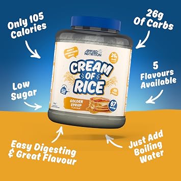 Applied Nutrition Cream of Rice - High Carbohydrate Cream of Rice Supplement, Source of Energy for Breakfast & Snacks, Easy to Digest, Low Sugar, Low Fat, Vegan, 2kg (Golden Syrup)