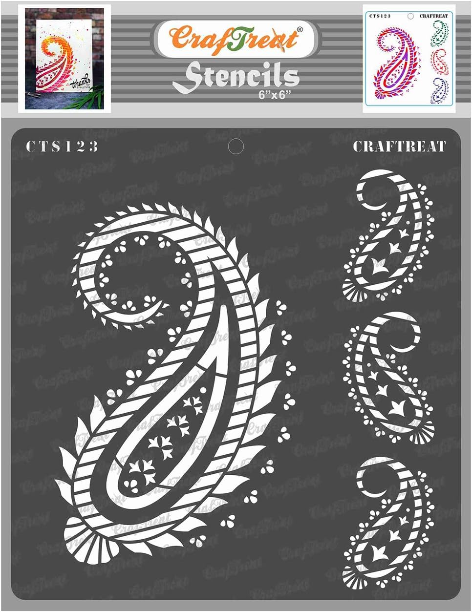 CrafTreatPaisley Stencils for Crafts Reusable Vintage - Paisley and Border Stencil - Size: 6X6 Inches - Paisley Design Stencil for Furniture Painting - Indian Border Stencil for Painting