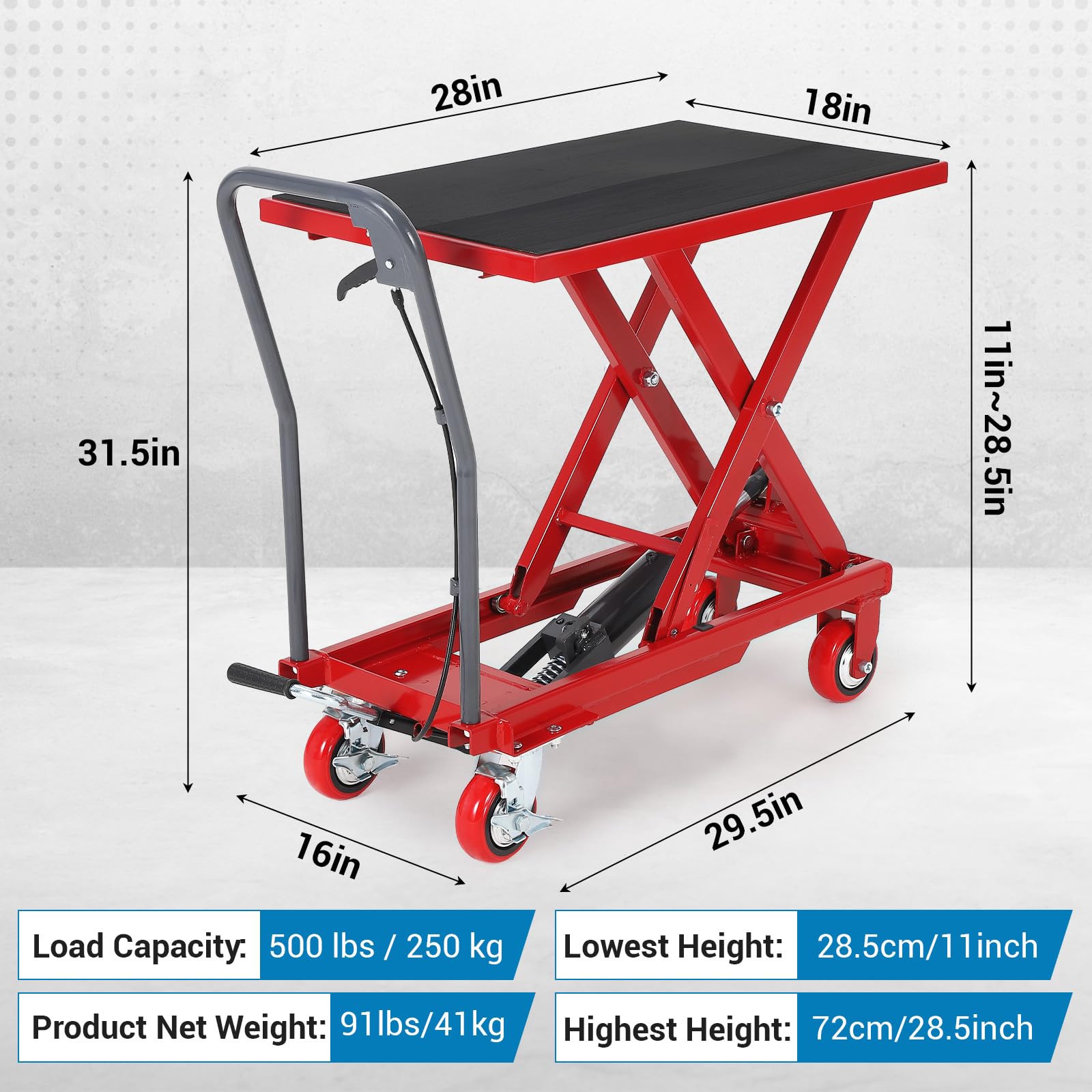 Garvee Hydraulic Lift Table Cart, 500 LBS Capacity 28.5 in Lifting Height, Single Scissor Lift Table with 4 Wheels and Non-Slip Pad for Material Handling and Transportation, Red