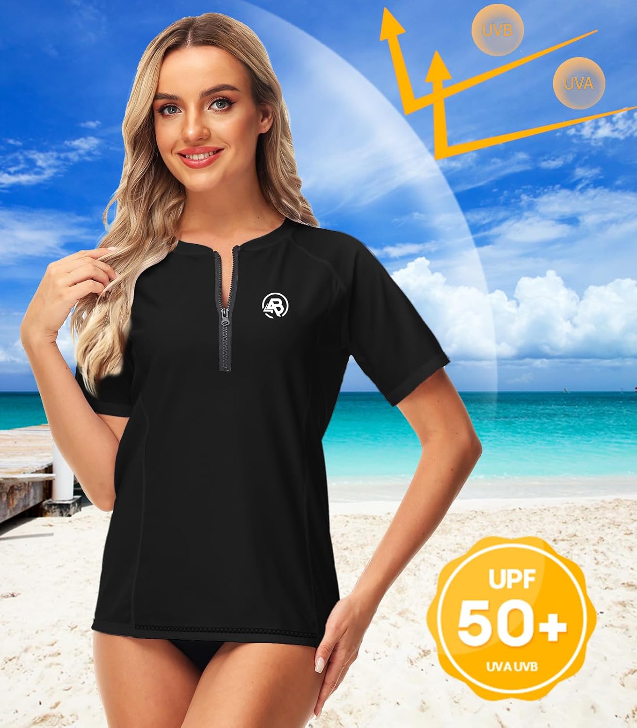 AOBUTE Women Zip Rash Guard UPF 50+ Gradient Short Sleeve Swim Top Surf Shirts