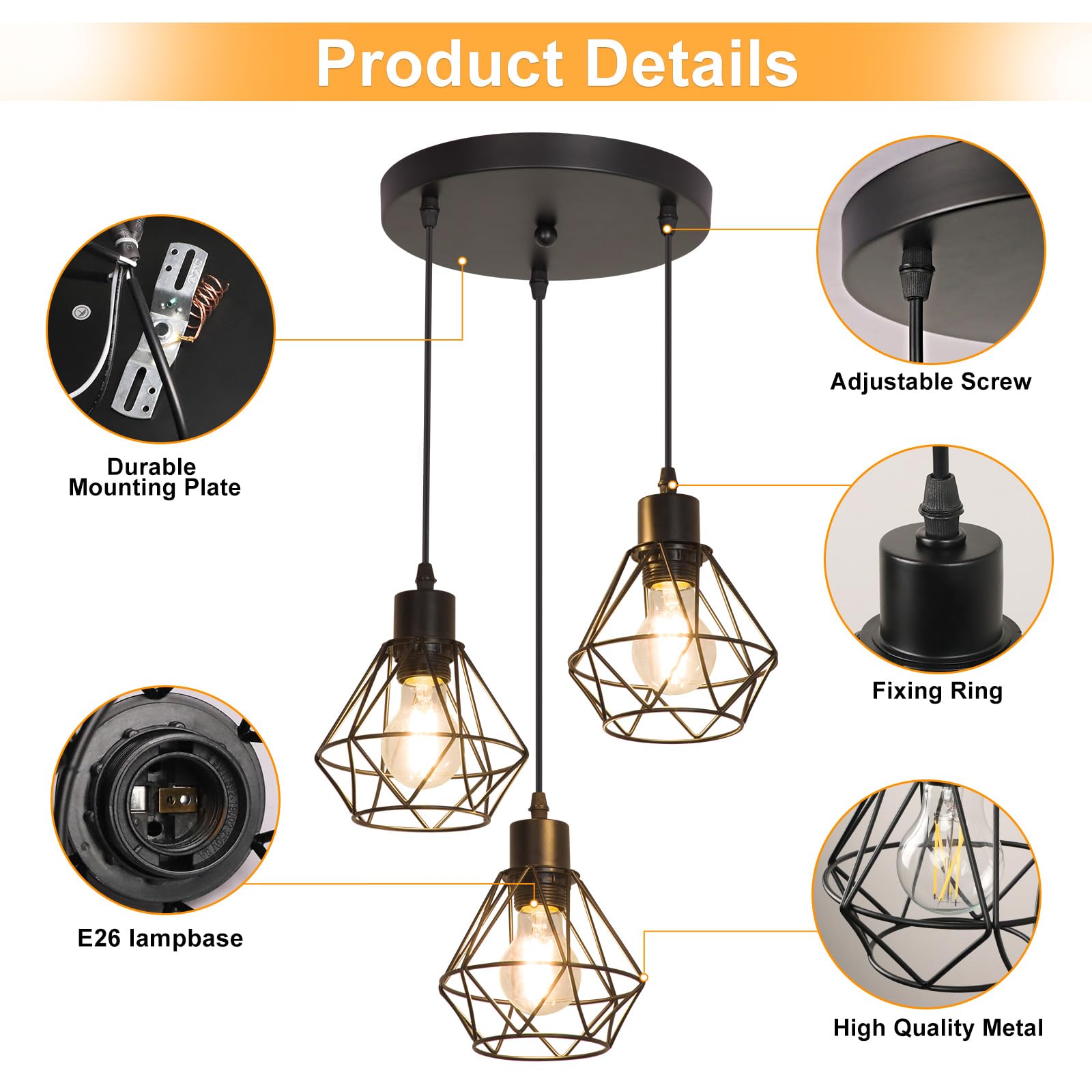 DLLT 3-Light Diamond Shape Pendant Light, Black Metal Cage