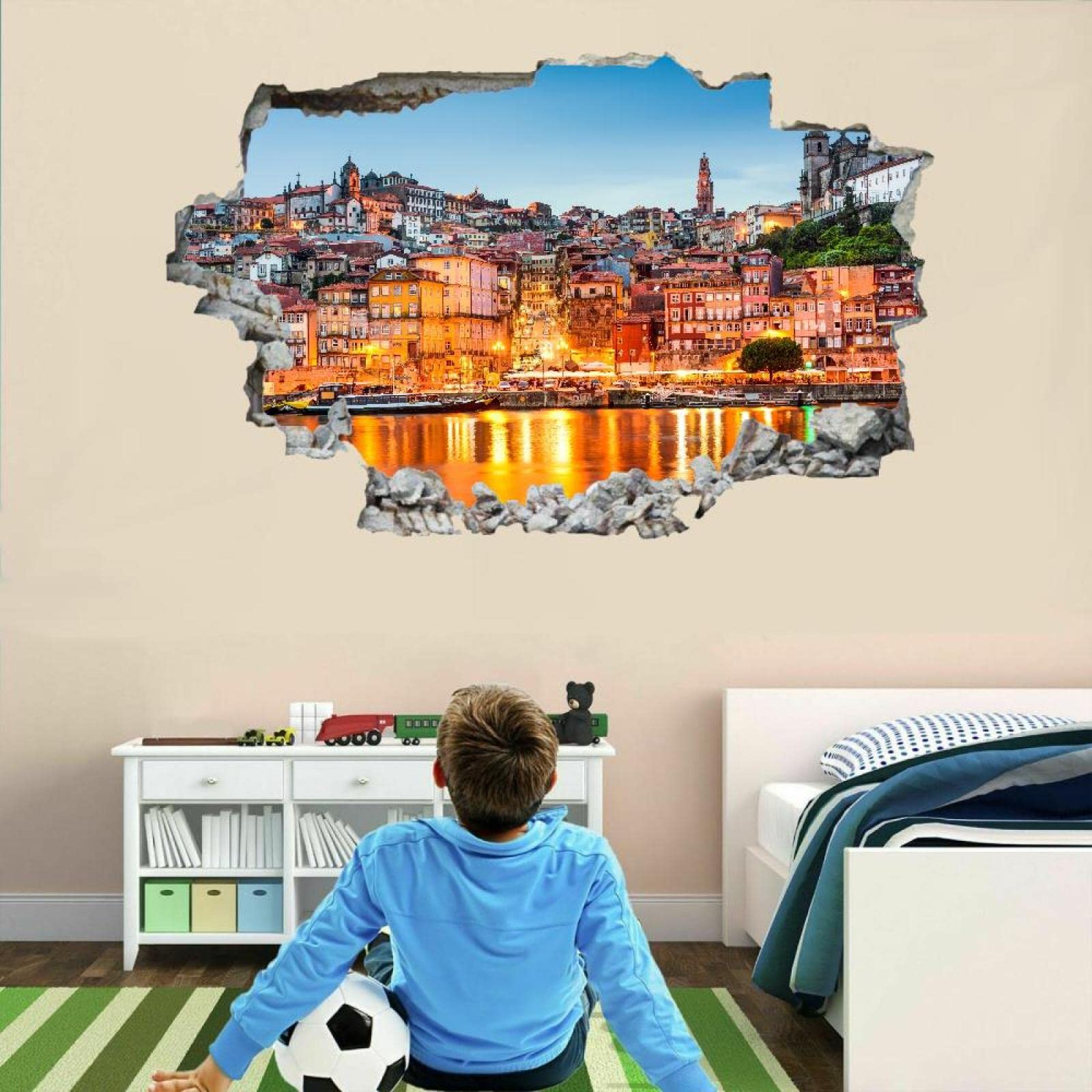 Architecture Décoration murale 3D,Paysage Amovible Wall Sticker Chambre Ville Côtière Autocollants muraux imperméables décalcomanie de trou de mur pour les filles enfants décor de mariage cadeau